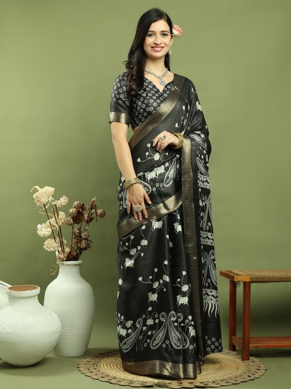 Jyoti Fashion Women s Black Silk Blend Floral Print with Checks Jari Weaving Saree with Blouse Discount