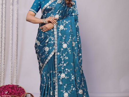 Blue Pure Satin Embroidered Saree With Stitched Blouse - Nimaya Kaksha Discount