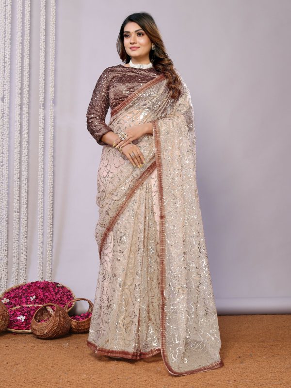 Brown Net Embroidered Saree With Stitched Blouse - Nimaya Kaksha Online