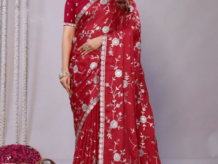 Red Pure Satin Embroidered Saree With Stitched Blouse - Nimaya Kaksha Online Sale