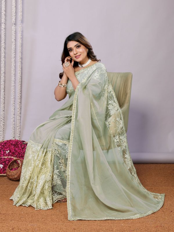 Green Glass Tissue, Net Embroidered Saree With Stitched Blouse - Nimaya Kaksha For Cheap