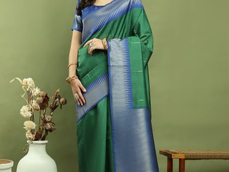 Jyoti Fashion Women s Green Silk Blend Ikat Jari Weaving Pattern with Jari Border Saree with Blouse For Cheap