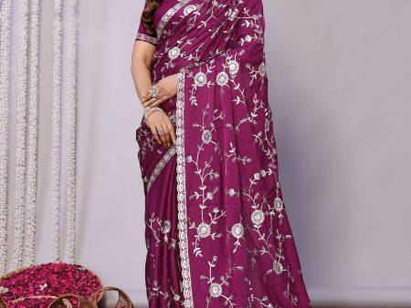 Purple Pure Satin Embroidered Saree With Stitched Blouse - Nimaya Kaksha Hot on Sale