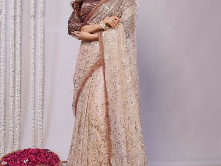 Brown Net Embroidered Saree With Stitched Blouse - Nimaya Kaksha Online