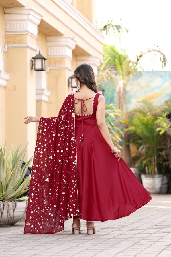 Jyoti Fashion Women s Cherry Red Satin Silk Lace Work Gown with Dupatta Set Fashion