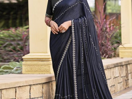 Jyoti Fashion Women s Mid Night Blue Shimmer Chiffon Embellished Border with Crystal Lines Saree with Blouse Online Hot Sale