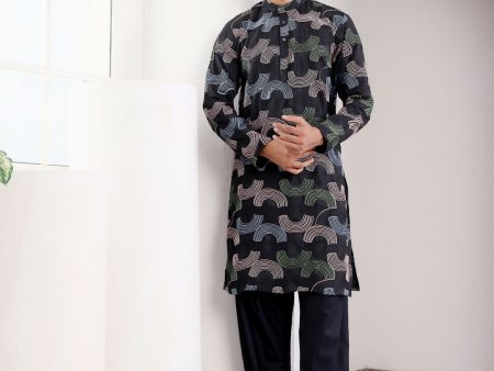 Black Linen Designer Embroidery Work Men s Rajwadi Kurta Set - Mahotsav For Sale