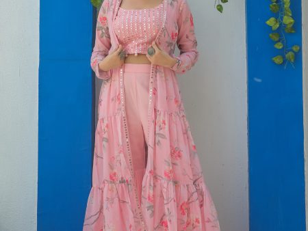 Jyoti Fashion Women s Baby Pink Georgette Sequins Choli with Printed Shrug & Sharara Set For Sale